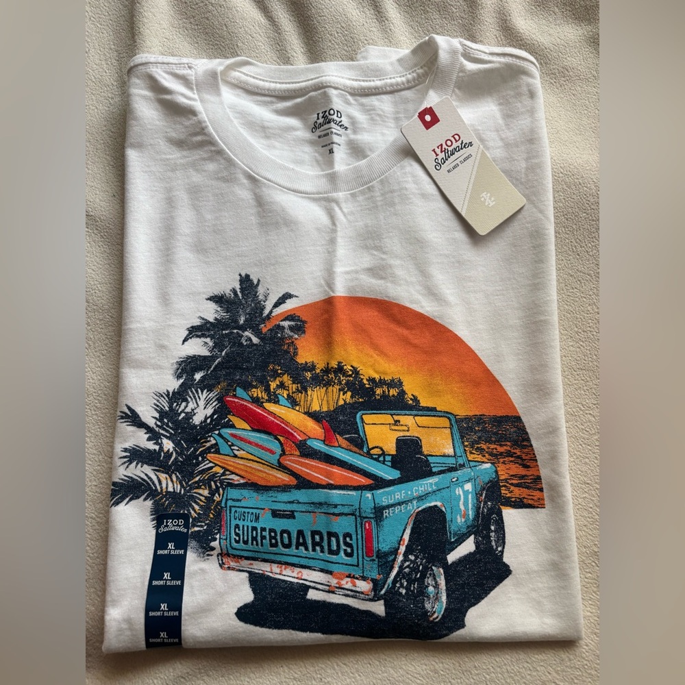 Izod White T-Shirt with Surfboard and Sunset Graphic